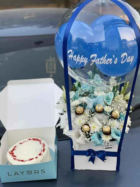 Dad’s Luxe Surprise – Balloon Box with Flowers, Ferreros & Layers Cake