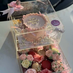Amour Bloom – Mother’s Day Luxury Acrylic Cake Box with Cupcakes & Macarons